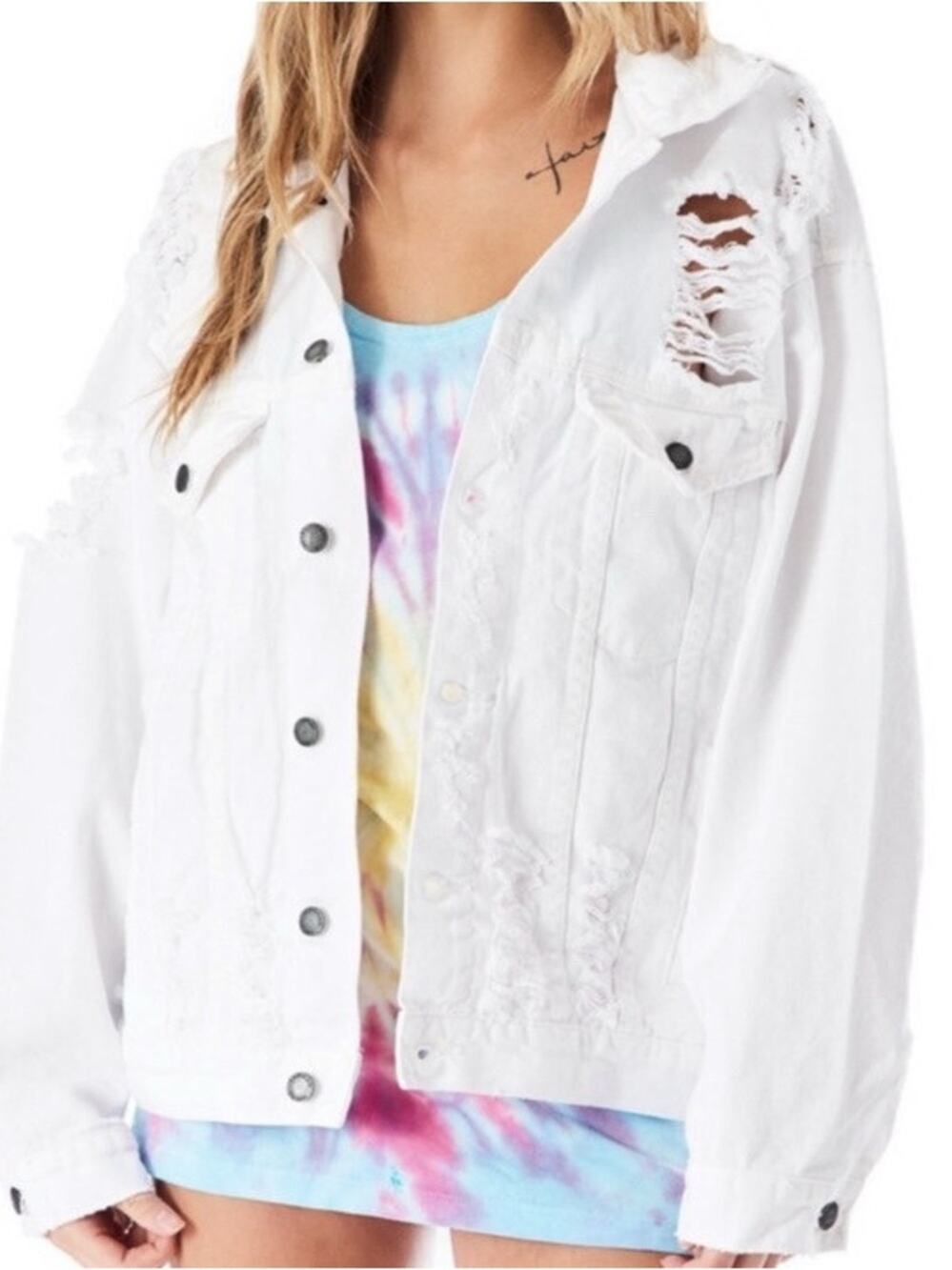 Carmar LF Audre Distressed White Denim Trucker Jacket Oversized XS NWT